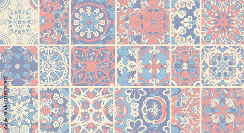 Pastel Patchwork Tile Design with Intricate Floral and Geometric Patterns.