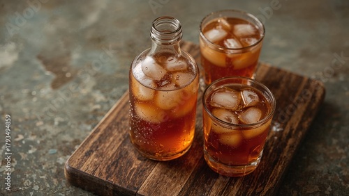 Wallpaper Mural A bottle and two glasses of iced iced tea or soda on a wooden board. Refreshing beverages with ice cubes. Torontodigital.ca