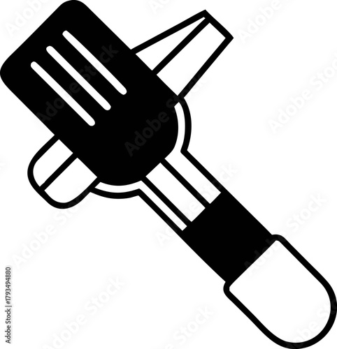 Simplified solid dark vector icon of a remote control with crossed handles and a unique shape, design concept for technology apps