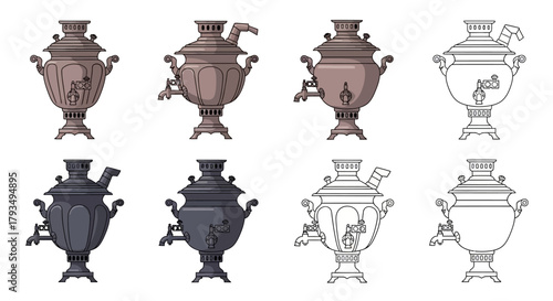 Samovar Collection - Traditional Russian Tea Kettle Illustrations.