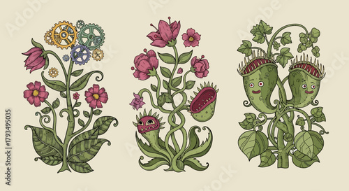 Steampunk Venus Flytrap Botanical Illustrations.