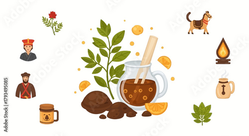 Tea beverage with ingredients and related objects illustration.