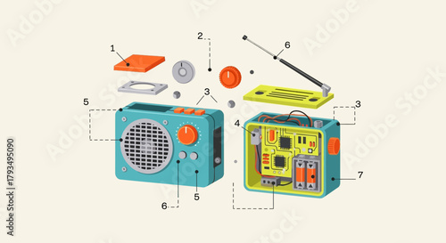 Technical illustration showing the assembly of a transistor radio.