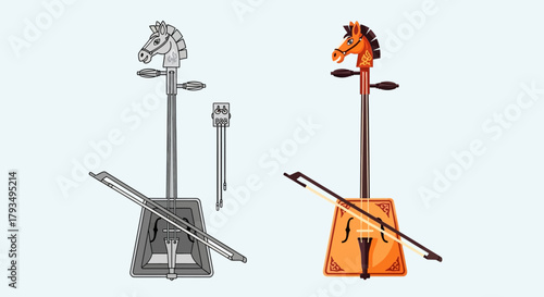 Two Horse-Head String Instruments with Bows on Stands.