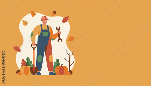 Autumn repairman with shovel and wrench among pumpkins and fall leaves Seasonal maintenance concept
