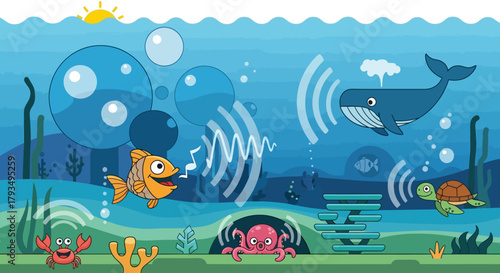 Underwater communication of marine animals with sound waves.