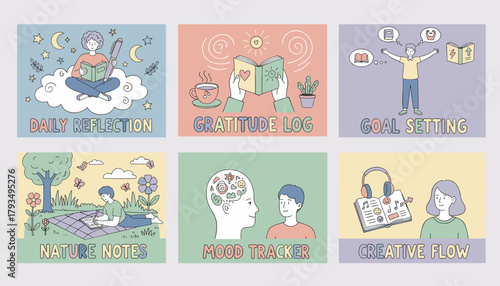 Pastel doodle set of selfcare and journaling habits goal setting gratitude reflection mood tracking and creative flow