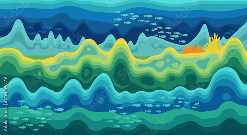 Underwater ocean scene with colorful coral and fish.