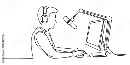 One continuous line drawing of a person wearing headphones and using a boom microphone in front of a computer screen for podcasting or online broadcasting Vector