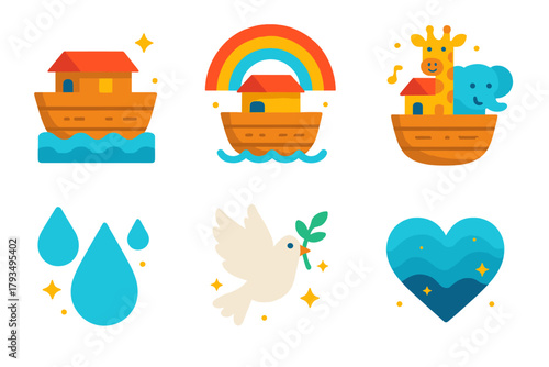 Noah's ark flat icons set. featuring ark, rainbow, animals, elephant, drops, dove, heart symbols