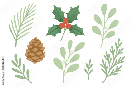 Holiday plant flat icon set. featuring holly, mistletoe, pinecone, and evergreen leaf symbols