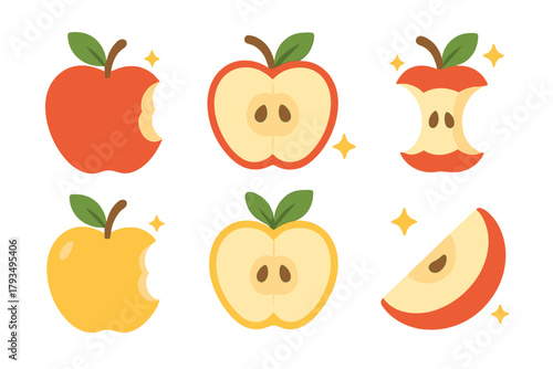 Fruit flat icon set. featuring apple, cut apple, bitten apple, and golden apple icons
