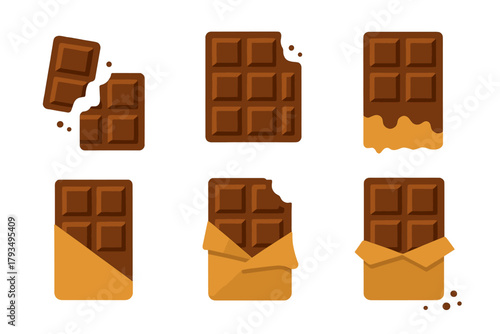 Chocolate bar silhouette icon set. featuring broken, melting, unwrapped, and bitten chocolate designs