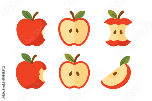 Apple flat icon set. featuring whole apple, bitten apple, apple core, sliced apple symbols