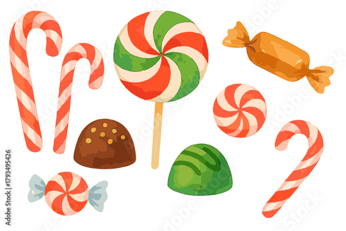 Christmas candy flat icon set. featuring lollipop, candy cane, mint, chocolate, and bonbon symbols