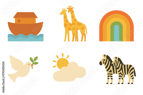 Noah's ark flat icon set. featuring ark, giraffe, rainbow, dove, sun, clouds, and zebra symbols