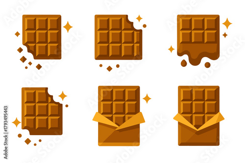Chocolate flat icon set. featuring bars, bites, melted, cracked, and wrapped chocolate icons