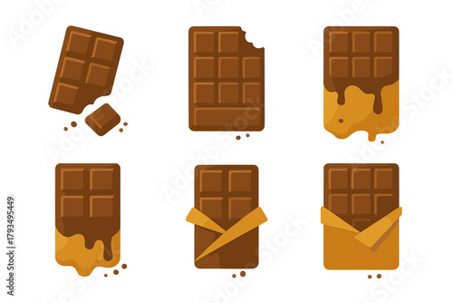 Chocolate lovers flat icon set. featuring melting, broken, wrapped, open, and whole chocolate bar symbols