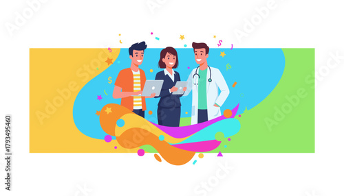 Professionals from different fields collaborating successfully with digital technology