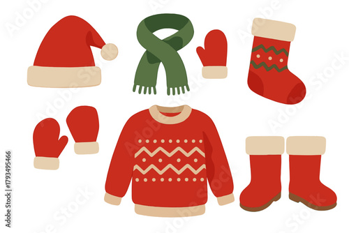 Winter attire flat icon set. featuring hat, scarf, mittens, stocking, sweater, and boots symbols