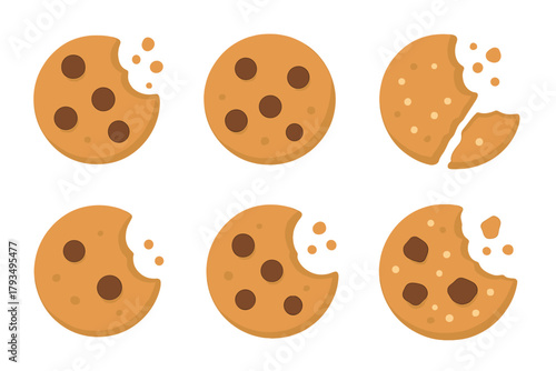 Cookie silhouettes icon set. featuring chocolate chip, oatmeal, half-eaten, broken, and bite-marked cookies