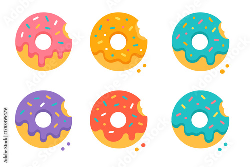 Food silhouette icon set. featuring chocolate donuts, sprinkles, bitten donuts, colorful pastries, and sweet treats