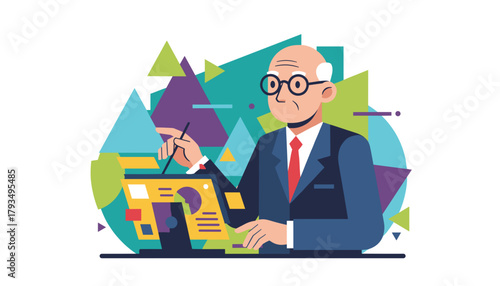 Senior man using technology for business analysis with abstract colorful graphics