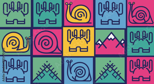 Vibrant Pop Art Pattern with Stylized Snails and Crabs.