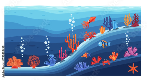Vibrant underwater scene with diverse marine life and colorful coral reef.