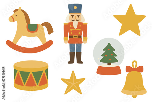 Christmas decor silhouette icon set. featuring nutcracker, tree, horse, drum, star, bell symbols