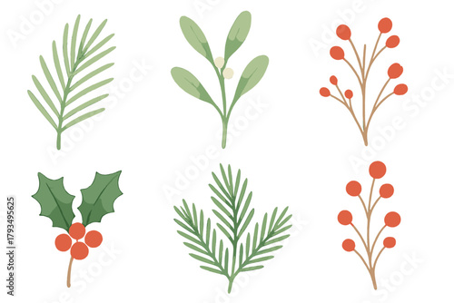 Floral flat icons set. featuring pine, mistletoe, holly, and berry branch symbols