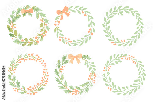 Christmas wreath flat icon set. featuring bows, holly, berries, pine needles, and leaf decorations
