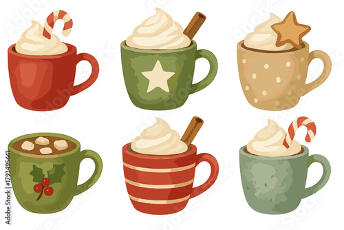 Christmas drinks flat icon set. featuring candy cane, star, polka dots, cocoa, holly, and cinnamon mugs