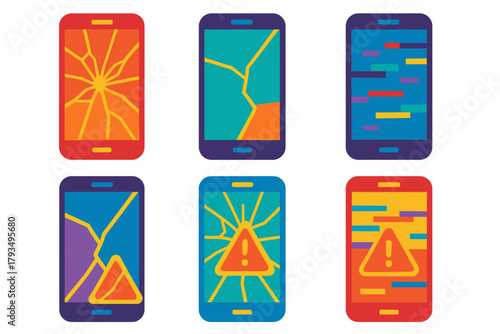 Smartphone issues flat icon set. featuring cracked screen, glitch, and error symbols
