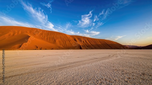 Fototapeta Naklejka Na Ścianę i Meble -  Desert landscape with large sand dunes under a blue sky with scattered clouds.