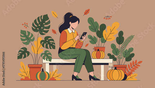 Autumn leisure Woman uses phone surrounded by potted plants and pumpkins