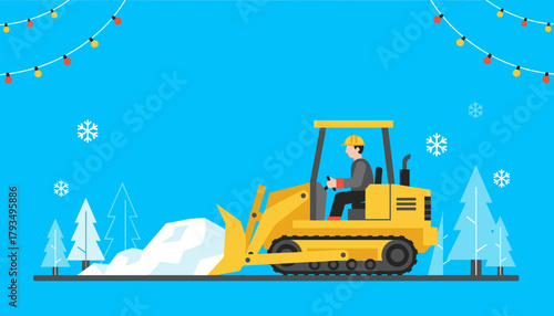 Bulldozer operator clearing snow under holiday lights Winter maintenance vector illustration