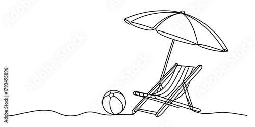 Continuous line drawing of a minimalist summer beach scene with an open parasol, a comfortable lounge chair, and a beach ball on the sand. Vector