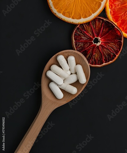 Wooden spoon holding white medical capsules surrounded by dried citrus fruit slices on a black background symbolizing daily vitamin supplements and healthcare.