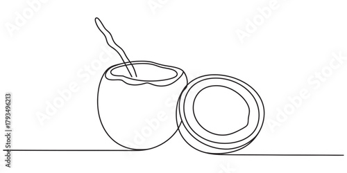 Continuous line drawing of a fresh young coconut beverage with a drinking straw and a sliced half coconut, symbolizing tropical refreshment. Vector