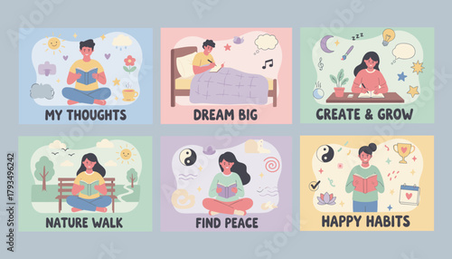 Daily habits and selfcare routine vector set mental health journaling reading and personal growth