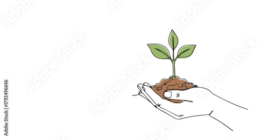 Delicate continuous one line drawing of a hand cradling a small sapling with soil, an artistic concept for ecology and new beginnings