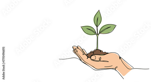 Continuous One Line Drawing Hand Holding a Sprout, Growth and Nurturing Concept