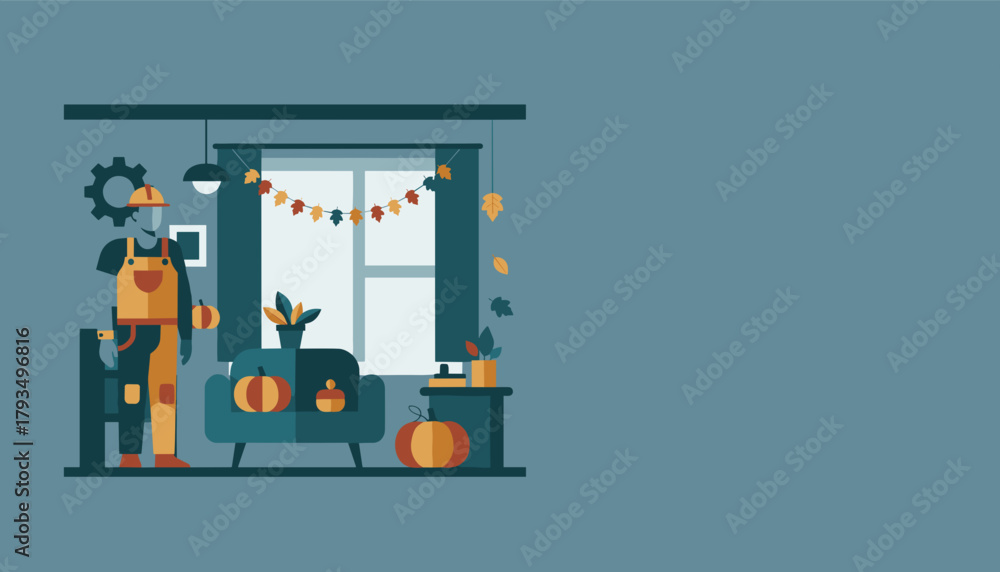 Obraz premium Seasonal maintenance worker in an autumnal home setting decorated with pumpkins and fall leaves