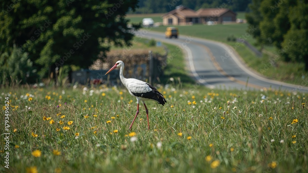 Fototapeta premium A stork walking through a grassy field with yellow flowers, with a road and houses in the background.
