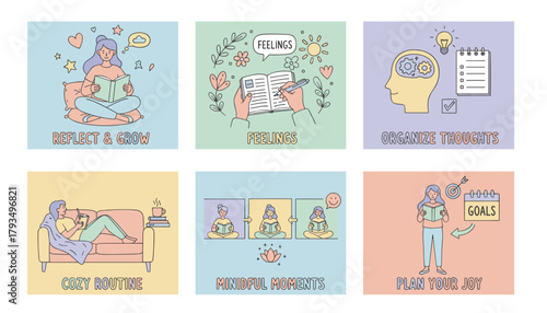 Illustrations of selfcare mindfulness and personal growth activities journaling reading planning and organizing