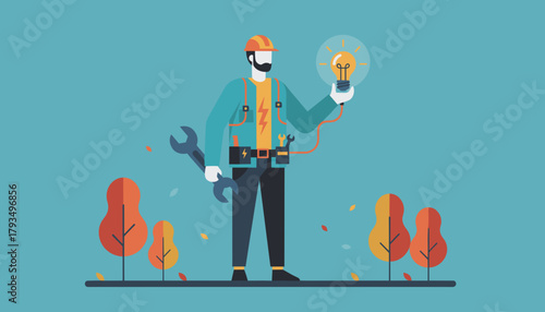 Skilled technician holding a wrench and glowing lightbulb symbolizing innovation ideas and professional service