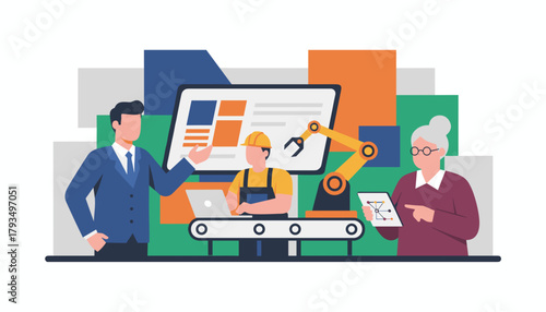 Industrial automation team managing production using robots data and modern technology