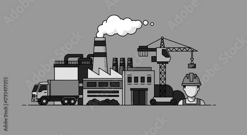 Factory logistics and construction industry illustration with worker crane and truck
