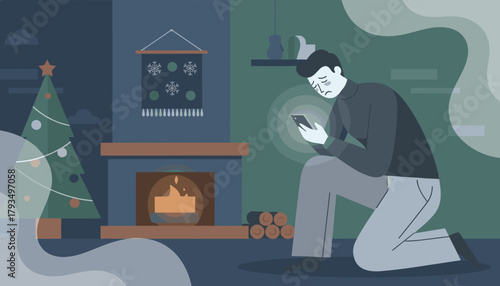 Sad man scrolls phone near fireplace and Christmas tree Holiday isolation and digital loneliness